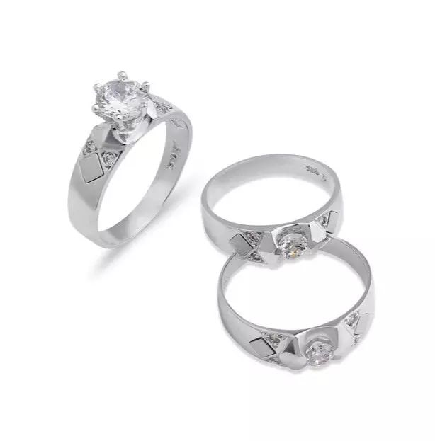 NEW 14K WHITE GOLD WEDDING TRIO RING SET: NEW 14K WHITE GOLD WEDDING TRIO RING SET 14K White Gold Ladies band and engagement ring is size 7 Men's ring is size 10 Rings Also Sold Separately Available in Tricolor Gold Weight: 7.6 Grams