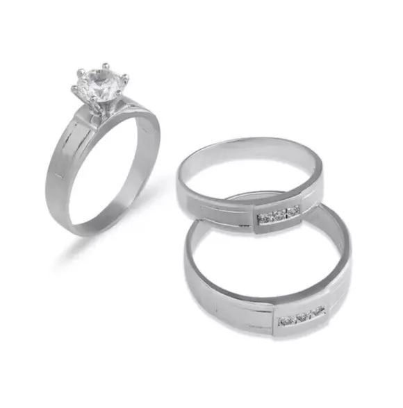 NEW 14K WHITE GOLD WEDDING TRIO RING SET: NEW 14K WHITE GOLD WEDDING TRIO RING SET 14K White Gold Ladies band and engagement ring is size 7 Men's ring is size 10 Rings Also Sold Separately Available in Yellow and Tricolor Gold Weight: 7.9 Gra