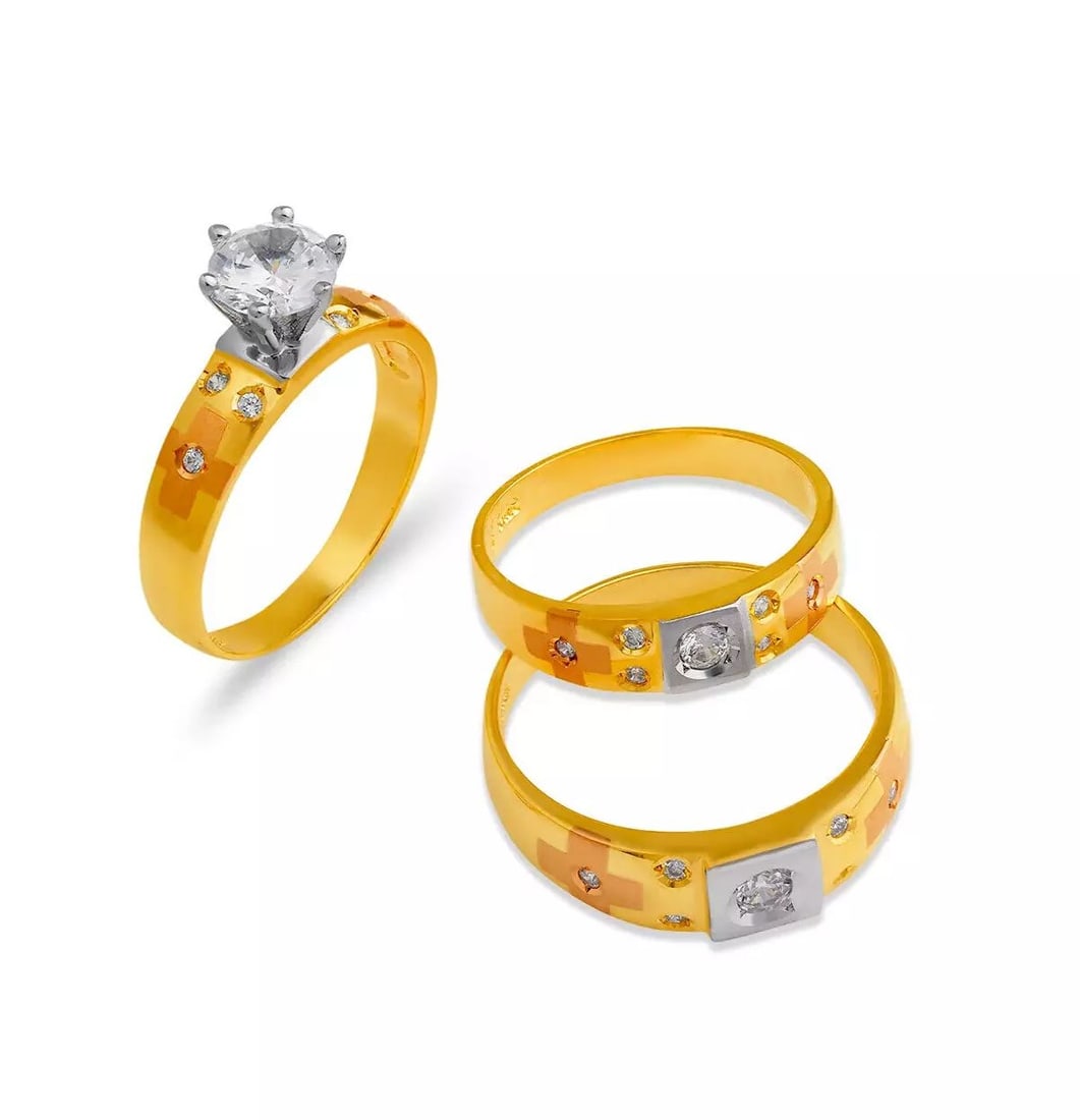 NEW 14K TRI COLOR GOLD WEDDING TRIO RING SET: NEW 14K TRI COLOR GOLD WEDDING TRIO RING SET 14K Tri color Gold Ladies band and engagement ring is size 7 Men's ring is size 10 Rings Also Sold Separately Available in White Gold Weight: 8.5 Grams