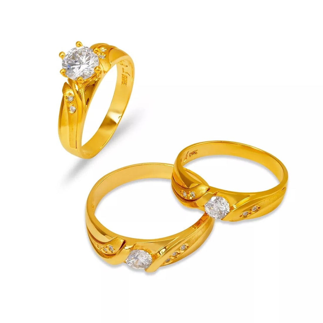 NEW 14K YELLOW GOLD WEDDING TRIO RING SET: NEW 14K YELLOW GOLD WEDDING TRIO RING SET 14K Yellow Gold Ladies band and engagement ring is size 7 Men's ring is size 10 Rings Also Sold Separately Available in Tricolor and White Gold Weight: 9.3 Gr