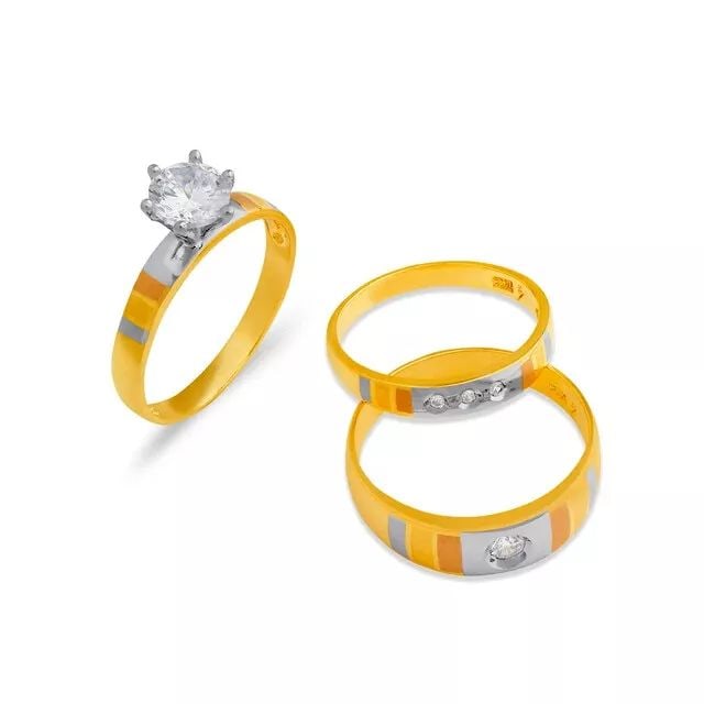NEW 14K TRI COLOR GOLD WEDDING TRIO RING SET: NEW 14K TRI COLOR GOLD WEDDING TRIO RING SET 14K Tri Color Gold Ladies band and engagement ring is size 7 Men's ring is size 10 Rings Also Sold Separately Weight: 7.0 Grams