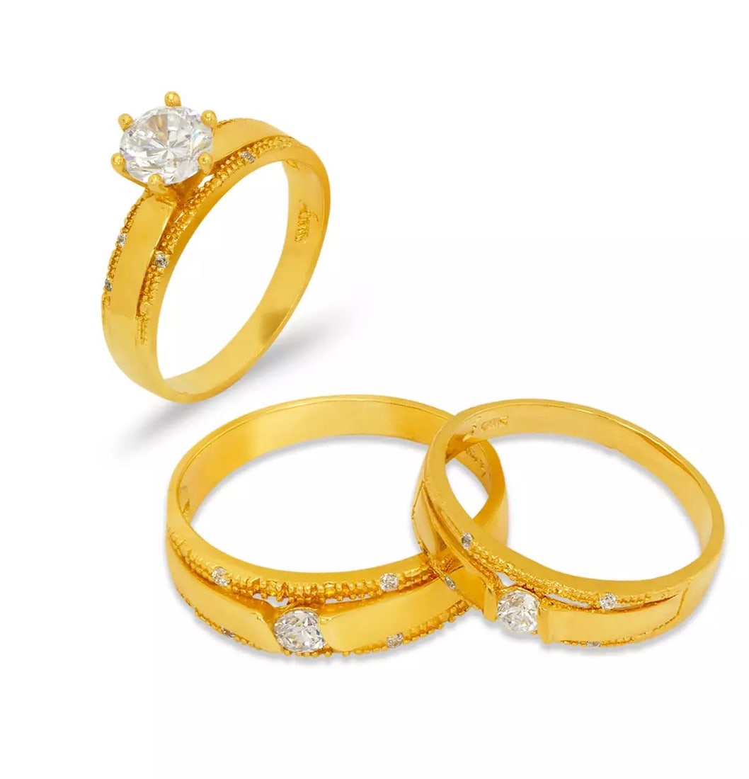 NEW 14K YELLOW GOLD WEDDING TRIO RING SET: NEW 14K YELLOW GOLD WEDDING TRIO RING SET 14K Yellow Gold Ladies band and engagement ring is size 7 Men's ring is size 10 Rings Also Sold Separately Available in Tricolor and White Gold Weight: 9.0 Gr