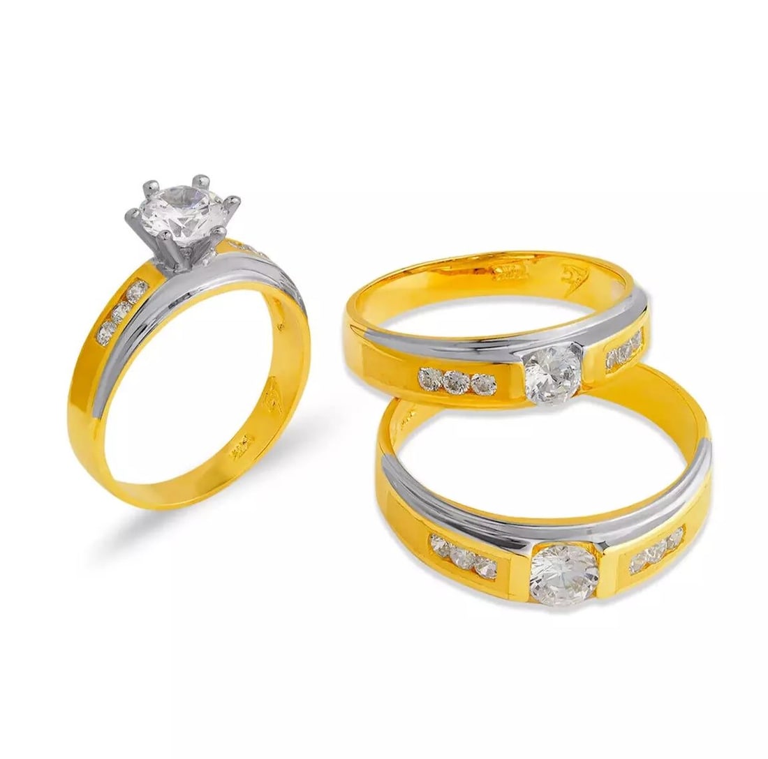 NEW 14K TWO TONE GOLD WEDDING TRIO RING SET: NEW 14K TWO TONE GOLD WEDDING TRIO RING SET 14K Two Tone Gold Ladies band and engagement ring is size 7 Men's ring is size 10 Rings Also Sold Separately Available in White Gold Weight: 8.9 Grams