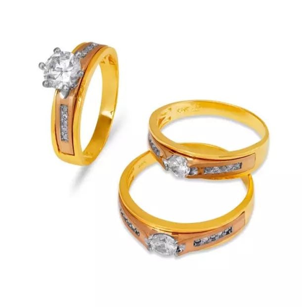 NEW 14K TRI COLOR GOLD WEDDING TRIO RING SET: NEW 14K TRI COLOR GOLD WEDDING TRIO RING SET 14K Tricolor Gold Ladies band and engagement ring is size 7 Men's ring is size 10 Rings Also Sold Separately Weight: 9.9 Grams