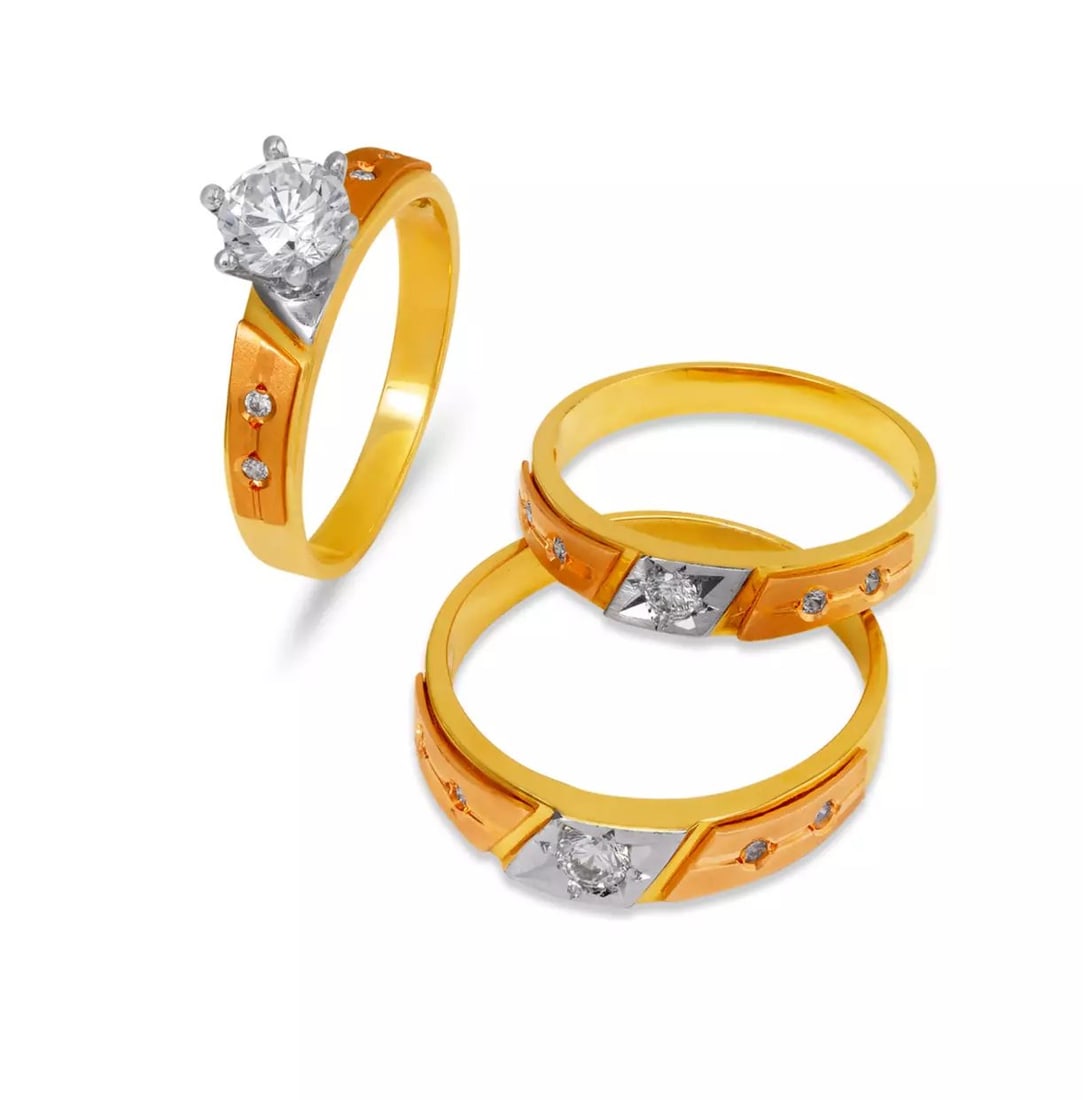 NEW 14K TRI COLOR GOLD WEDDING TRIO RING SET: NEW 14K TRI COLOR GOLD WEDDING TRIO RING SET 14K Tricolor Gold Ladies band and engagement ring is size 7 Men's ring is size 10 Rings Also Sold Separately Weight: 8.6 Grams