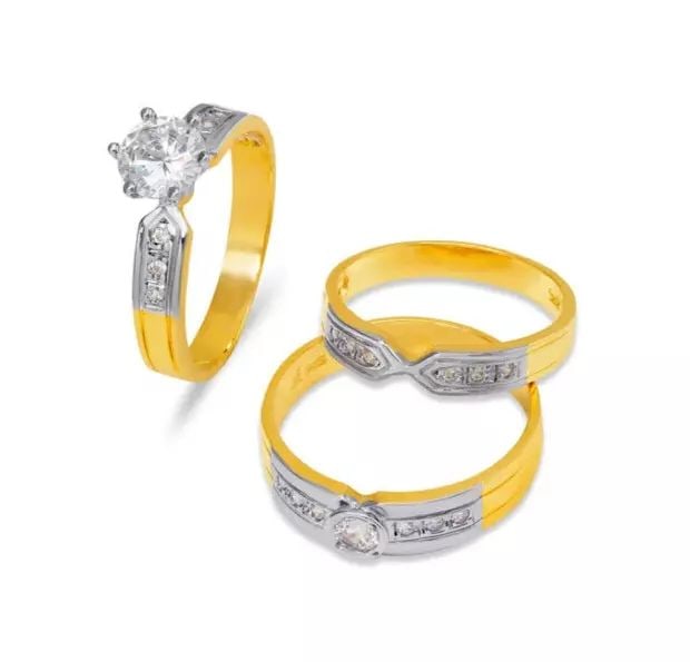 NEW 14K TWO TONE GOLD WEDDING TRIO RING SET: NEW 14K TWO TONE GOLD WEDDING TRIO RING SET 14K Two Tone Gold Ladies band and engagement ring is size 7 Men's ring is size 10 Rings Also Sold Separately Weight: 8.7 Grams
