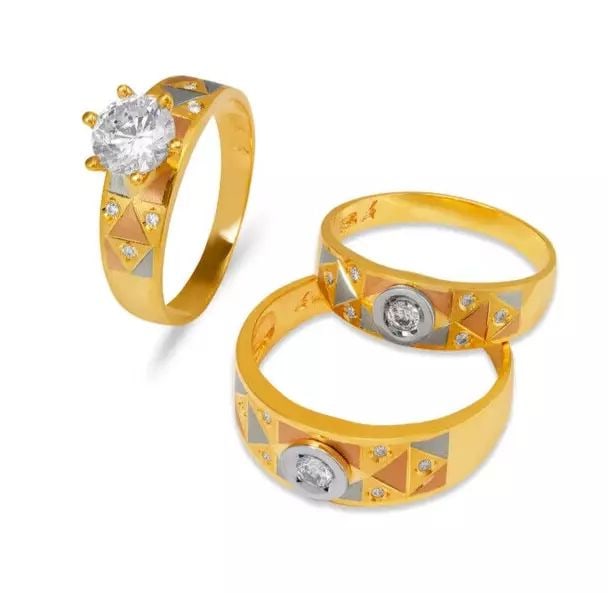 NEW 14K TWO TONE GOLD WEDDING TRIO RING SET: NEW 14K TWO TONE GOLD WEDDING TRIO RING SET 14K Two Tone Gold Ladies band and engagement ring is size 7 Men's ring is size 10 Rings Also Sold Separately Weight: 10.5 Grams