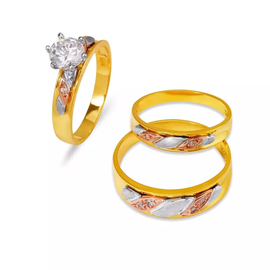 NEW 14K TRI COLOR GOLD WEDDING TRIO RING SET: NEW 14K TRI COLOR GOLD WEDDING TRIO RING SET 14K Tricolor Gold Ladies band and engagement ring is size 7 Men's ring is size 10 Rings Also Sold Separately Weight: 8.8 Grams