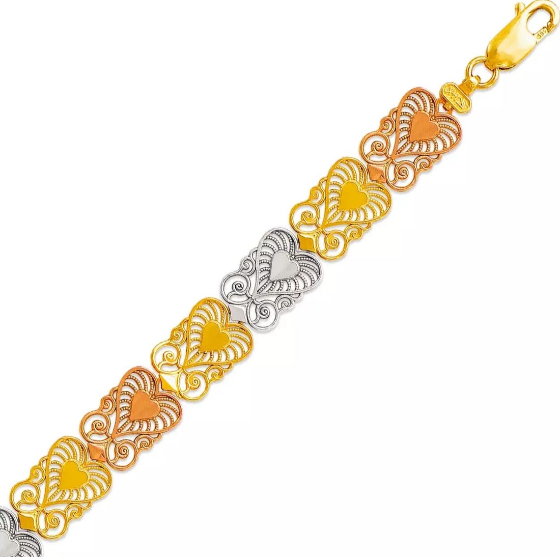 NEW 14K TRI COLOR GOLD FACETED DIAMOND CUT BRACELET 9mm: NEW 14K TRI COLOR GOLD FACETED DIAMOND CUT BRACELET 9mm 14K Tricolor Gold Approx. 9mm Wide High Polished/Diamond Cut Lobster lock Length : 7" Inch Weight: 8.6 Grams
