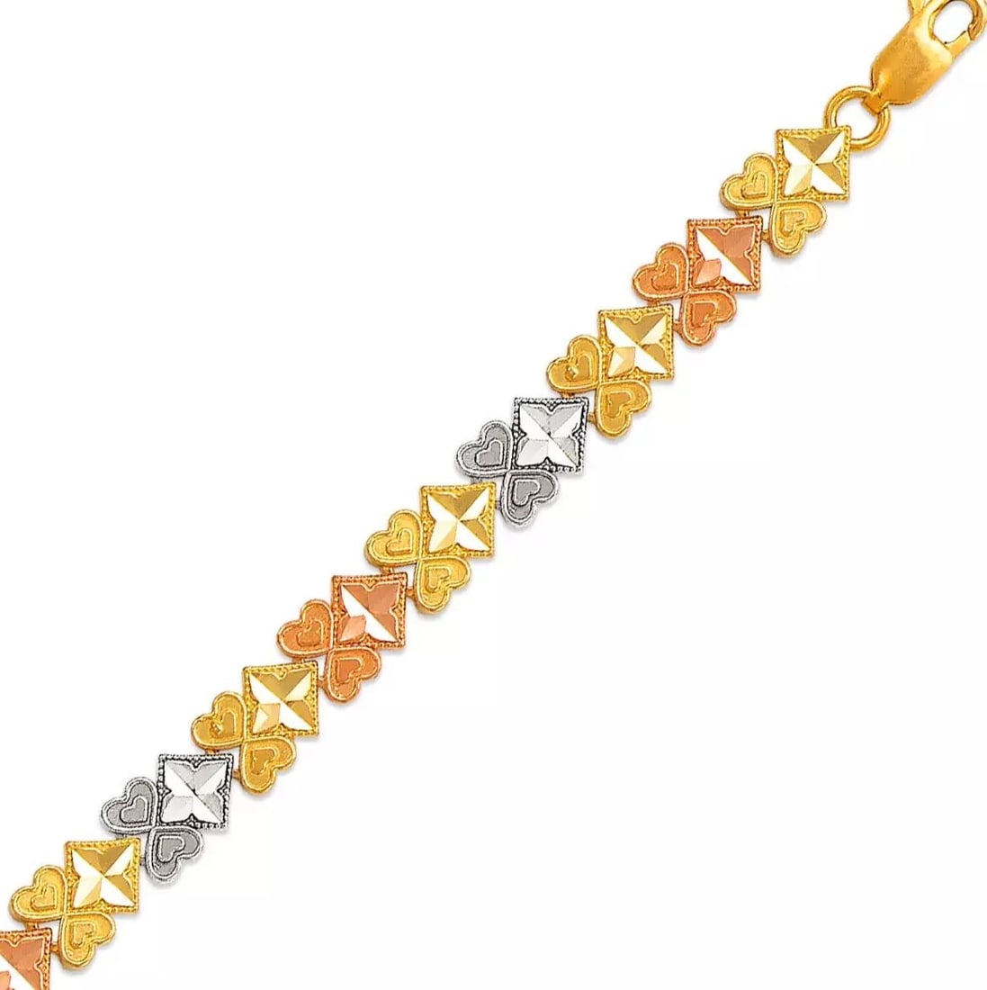 NEW 14K TRI COLOR GOLD FACETED DIAMOND CUT BRACELET 6mm: NEW 14K TRI COLOR GOLD FACETED DIAMOND CUT BRACELET 6mm 14K Tricolor Gold Approx. 6mm Wide High Polished/Diamond Cut Lobster Lock Length : 7" Inch Weight: 8.0 Grams