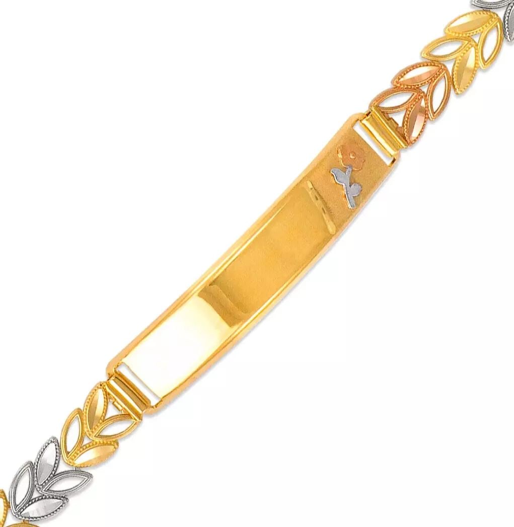 NEW 14K TRI COLOR GOLD FACETED DIAMOND CUT ID BRACELET 6 mm: NEW 14K TRI COLOR GOLD FACETED DIAMOND CUT ID BRACELET 6 mm 14K Tricolor Gold Approx. 6mm Wide, 8mm Center High Polished/Diamond Cut Lobster lock Length : 7" Inch Weight: 8.2 Grams