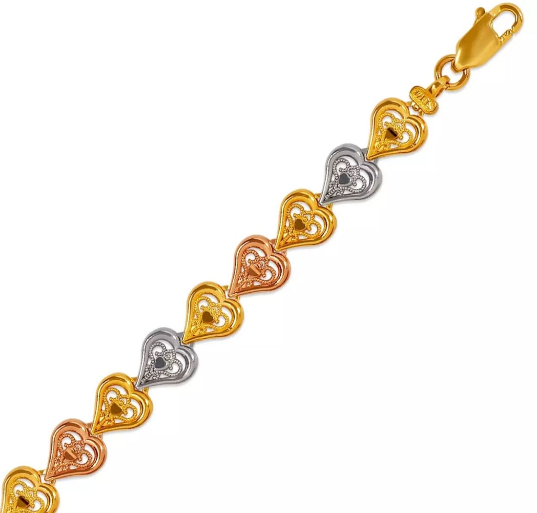 NEW 14K TRI COLOR GOLD FACETED DIAMOND CUT BRACELET 7mm: NEW 14K TRI COLOR GOLD FACETED DIAMOND CUT BRACELET 7mm 14K Tricolor Gold Approx. 7mm Wide High Polished/Diamond Cut Lobster Lock Length : 7" Inch Weight: 6.0 Grams