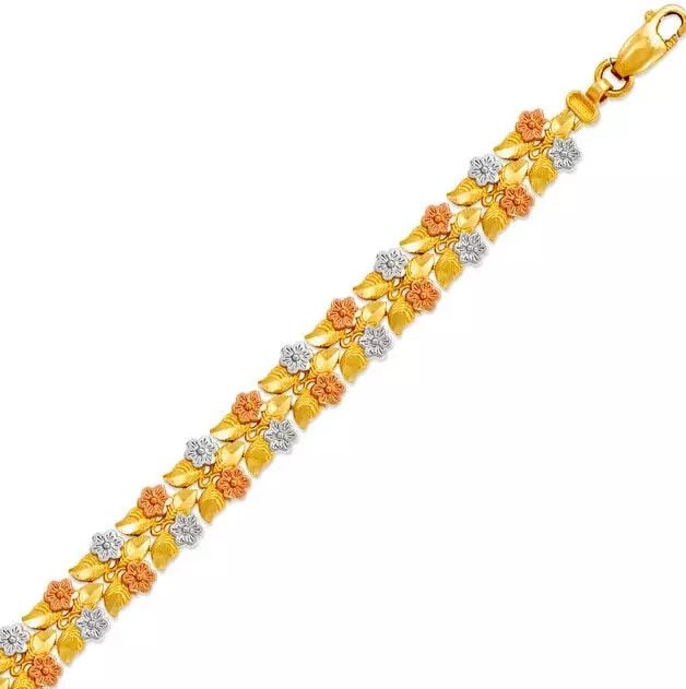 NEW 14K TRI COLOR GOLD FACETED DIAMOND CUT BRACELET 9 mm: NEW 14K TRI COLOR GOLD FACETED DIAMOND CUT BRACELET 9 mm 14K Tricolor Gold Approx. 9mm Wide High Polished/Diamond Cut Lobster lock Length : 7" Inch Weight: 11.8 Grams