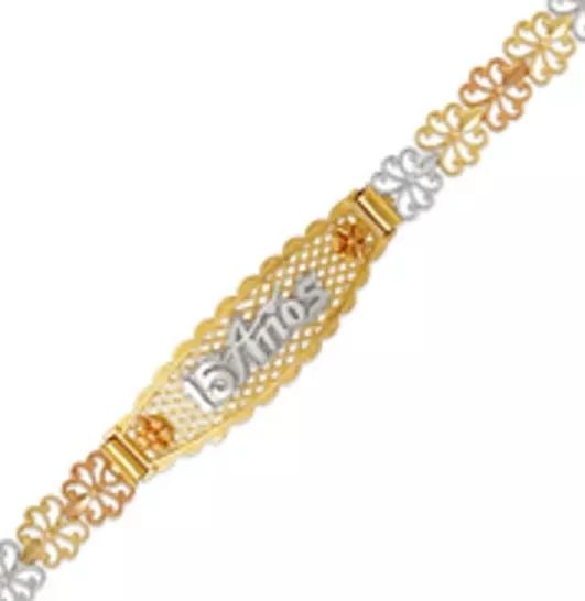 NEW 14K TRI COLOR GOLD FACETED DIAMOND CUT 15 ANOS ID BRACELET: NEW 14K TRI COLOR GOLD FACETED DIAMOND CUT 15 ANOS ID BRACELET 14K Tricolor Gold Approx. 7mm Wide, 12mm Center High Polished/Diamond Cut Lobster lock Length : 7" Inch Weight: 8.7 Grams