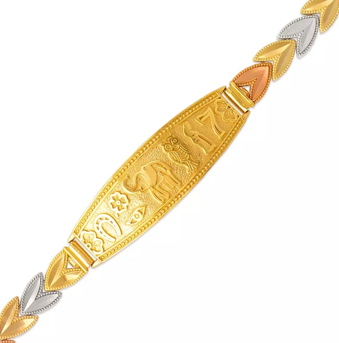 NEW 14K TRI COLOR GOLD FACETED DIAMOND CUT GOOD LUCK ID BRACELET: NEW 14K TRI COLOR GOLD FACETED DIAMOND CUT GOOD LUCK ID BRACELET 14K Tricolor Gold Approx. 6mm Wide, 12mm Center High Polished/Diamond Cut Lobster lock Length : 7" Inch Weight: 8.8 Grams