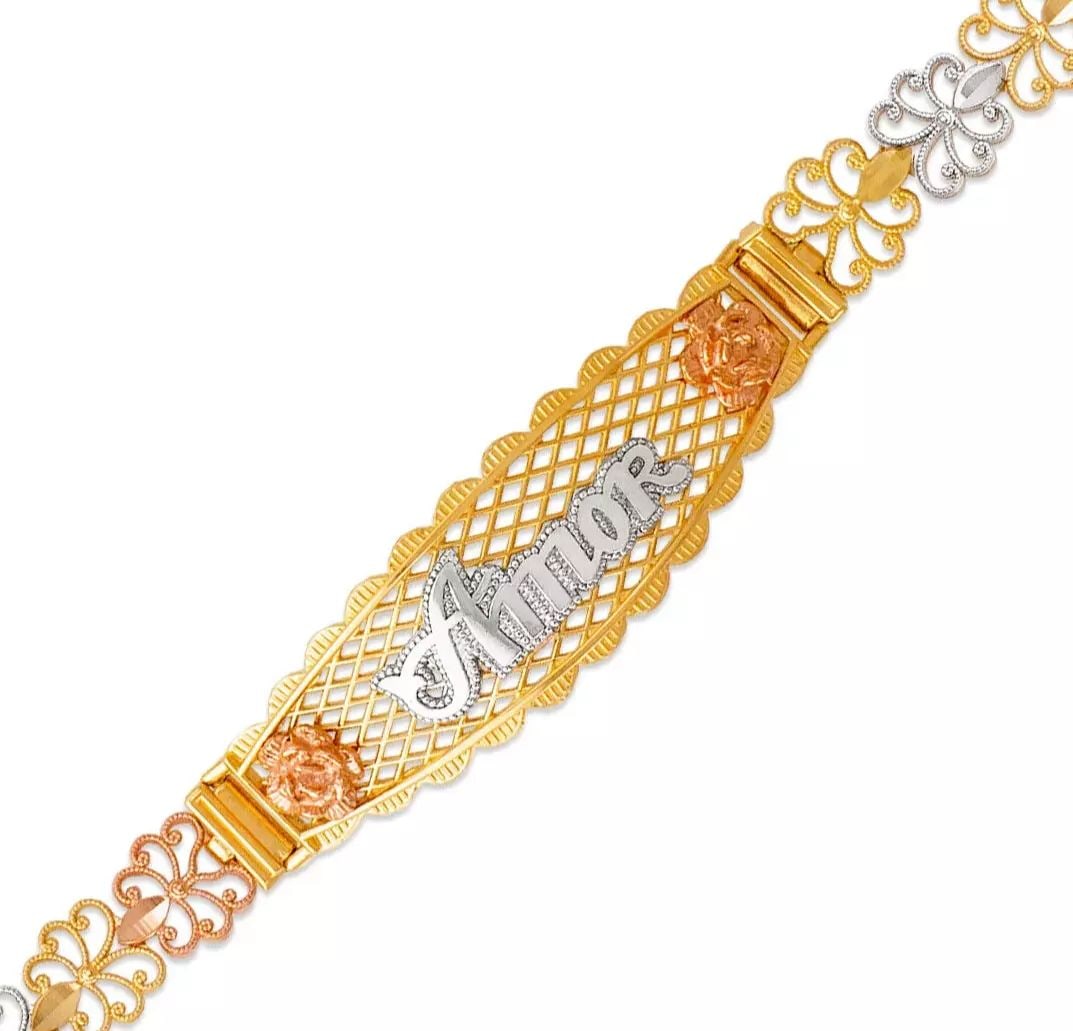 NEW 14K TRI COLOR GOLD FA CETED DIAMOND CUT AMOR ID BRACELET 7mm: NEW 14K TRI COLOR GOLD FACETED DIAMOND CUT AMOR ID BRACELET 7mm 14K Tricolor Gold Approx. 7mm Wide, 12mm Center High Polished/Diamond Cut Lobster lock Length : 7" Inch Weight: 9.2 Grams