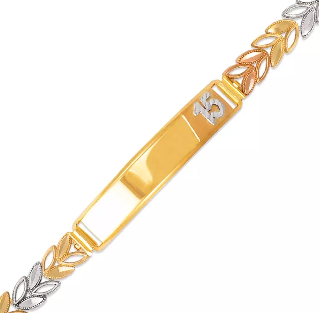 NEW 14K TRI COLOR GOLD FACETED CUT 15 ANOS ID BRACELET 6mm: NEW 14K TRI COLOR GOLD FACETED CUT 15 ANOS ID BRACELET 6mm 14K Tricolor Gold Approx. 6mm Wide, 8mm Center High Polished/Diamond Cut Lobster lock Length : 7" Inch Weight: 7.9 Grams