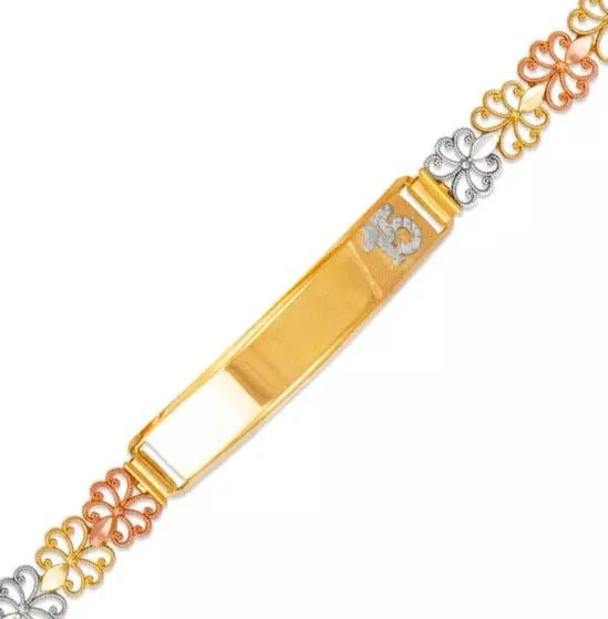 NEW 14K TRI COLOR GOLD FACETED CUT 15 ANOS ID BRACELET 7mm: NEW 14K TRI COLOR GOLD FACETED CUT 15 ANOS ID BRACELET 7mm 14K Tricolor Gold Approx. 7mm Wide, 8mm Center High Polished/Diamond Cut Lobster lock Length : 7" Inch Weight: 7.3 Grams