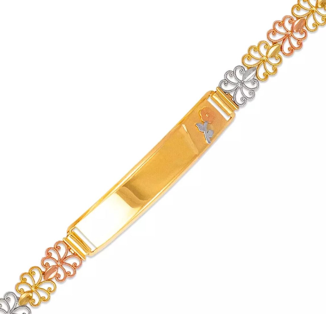 NEW 14K TRI COLOR GOLD FACETED CUT ID BRACELET 7mm: NEW 14K TRI COLOR GOLD FACETED CUT ID BRACELET 7mm 14K Tricolor Gold Approx. 7mm Wide, 8mm Center High Polished/Diamond Cut Lobster lock Length : 7" Inch Weight: 7.3 Grams