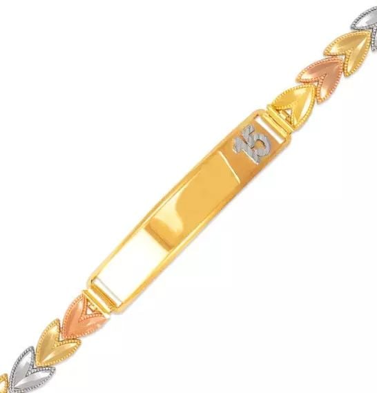 NEW 14K TRI COLOR GOLD FACETED CUT 15 ANOS ID BRACELET: NEW 14K TRI COLOR GOLD FACETED CUT 15 ANOS ID BRACELET 14K Tricolor Gold Approx. 7mm Wide, 9mm Center High Polished/Diamond Cut Lobster lock Length : 7" Inch Weight: 7.4 Grams