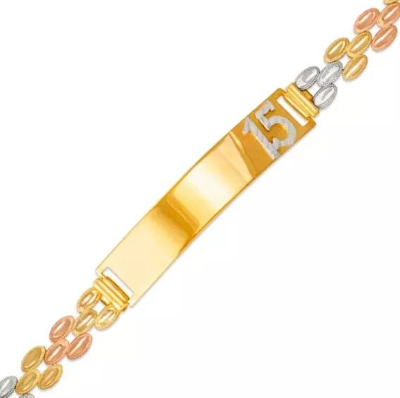 NEW 14K TRI COLOR GOLD FACETED CUT 15 ANOS ID BRACELET 6mm: NEW 14K TRI COLOR GOLD FACETED CUT 15 ANOS ID BRACELET 6mm 14K Tricolor Gold Approx. 6mm Wide, 8mm Center High Polished/Diamond Cut Lobster lock Length : 7" Inch Weight: 10.1 Grams