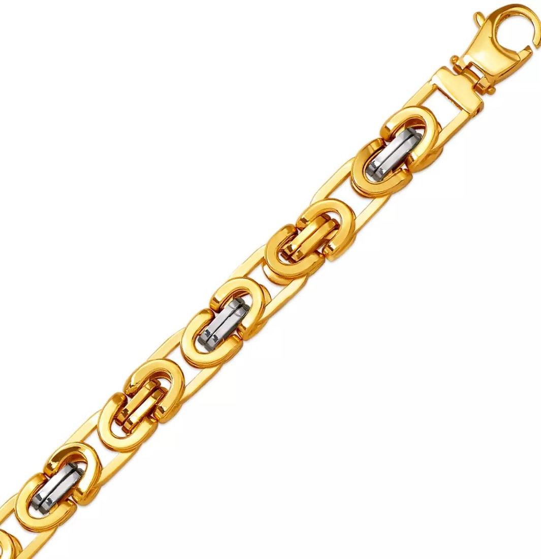 NEW 14K TWO TONE GOLD HOLLOW BYZANTINE BRACELET 8.50mm: NEW 14K TWO TONE GOLD HOLLOW BYZANTINE BRACELET 8.50mm 14K Two Tone Gold Approx. 085 Gauge (8.50mm Wide) High Polished Hollow Lobster Lock Length: 8.5" Inch Weight: 14.3 Grams