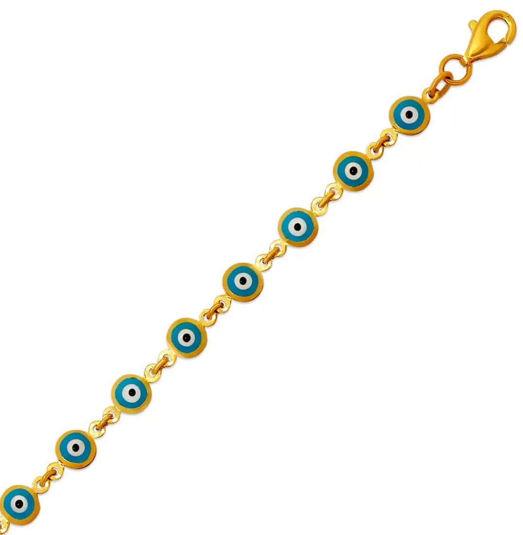 NEW 14K YELLOW GOLD EVIL EYE BRACELET 5mm: NEW 14K YELLOW GOLD EVIL EYE BRACELET 5mm 14K Yellow Gold Approx. 5.0mm Wide High Polished Enamel Lobster Lock Length : 7" Inch Weight: 4.7 Grams