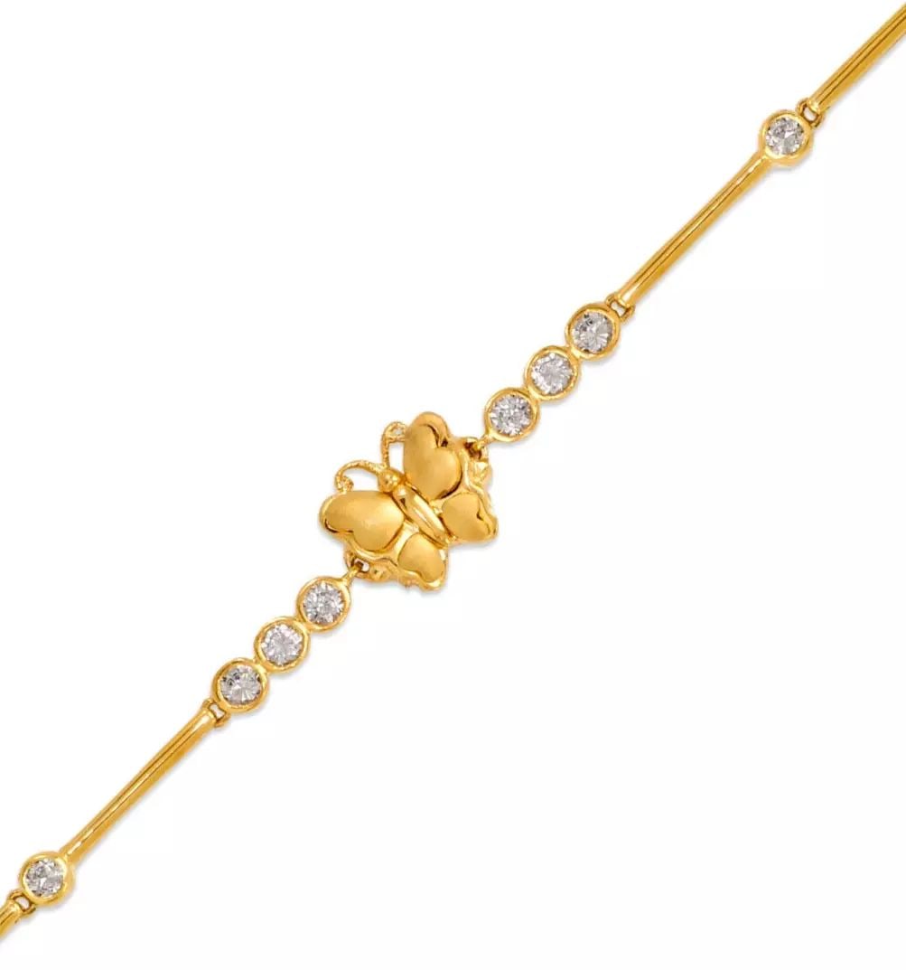 NEW 14K YELLOW GOLD FANCY BUTTERFLY CZ BRACELET: NEW 14K YELLOW GOLD FANCY BUTTERFLY CZ BRACELET 14K Yellow Gold Approx. 3mm Wide, 9mm Center High Polished/Satin Finished/Diamond Cut/Cubic Zirconia Available in Tricolor and White Gold H-Clasp Length