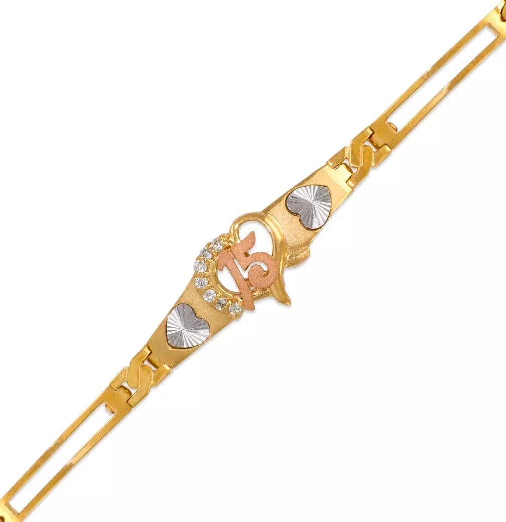 NEW 14K TRI COLOR GOLD FANCY 15 ANOS CZ BRACELET: NEW 14K TRI COLOR GOLD FANCY 15 ANOS CZ BRACELET 14K Tricolor Gold Approx. 3mm Wide, 12mm Center High Polished/Satin Finished/Cubic Zirconia Available in Yellow and White Gold H-Clasp Length : 7" Inch