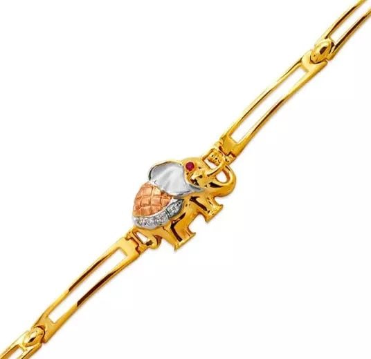 NEW 14K TRI COLOR GOLD FANCY ELEPHANT CZ BRACELET 4mm: NEW 14K TRI COLOR GOLD FANCY ELEPHANT CZ BRACELET 4mm 14K Tricolor Gold Approx. 4mm Wide, 12.5mm Center High Polished/Cubic Zirconia Length : 7" Inch Weight: 9.5 Grams