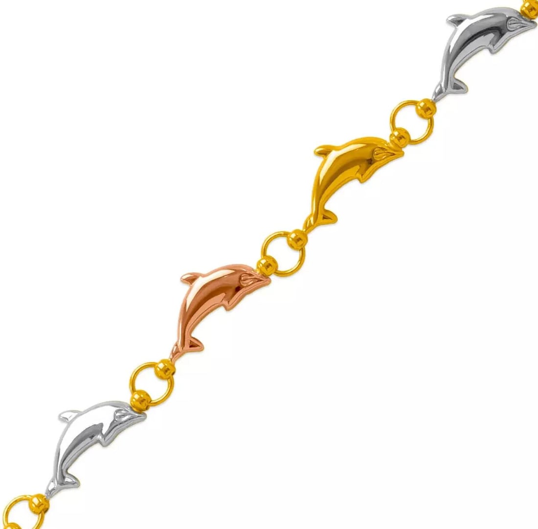 NEW 14K TRICOLOR GOLD CHARM BRACELET: NEW 14K TRICOLOR GOLD CHARM BRACELET 14K Tricolor Gold Approx. 5.5mm Link Approx. 7mm Charm High Polished Lobster Lock Length : 7" Inch Weight: 5.3 Grams