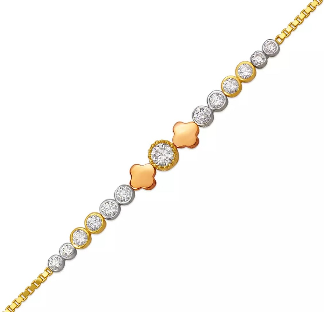 NEW 14K TRICOLOR GOLD LADIES HIGH POLISHED CZ BRACELET 7mm: NEW 14K TRICOLOR GOLD LADIES HIGH POLISHED CZ BRACELET 7mm 14K Tricolor Gold Approx. 7.0mm Center, 1.0mm Bracelet High Polished Cubic Zirconia Lobster Lock Length : 7" Inch Weight: 4.5 Grams