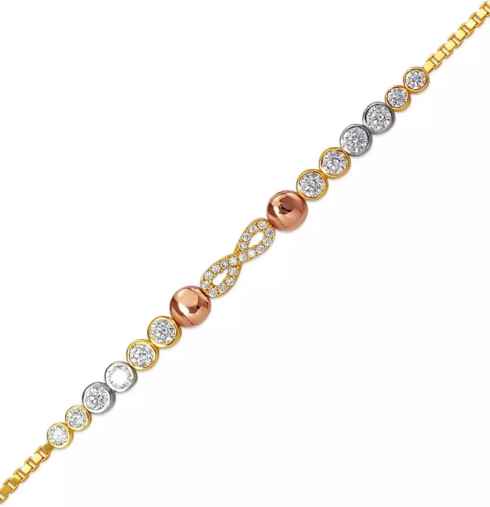 NEW 14K TRICOLOR GOLD LADIES HIGH POLISHED CZ BRACELET: NEW 14K TRICOLOR GOLD LADIES HIGH POLISHED CZ BRACELET 14K Tricolor Gold Approx. 5.0mm Center, 1.0mm Bracelet High Polished Cubic Zirconia Lobster Lock Length : 7" inch Weight: 4.4 Grams