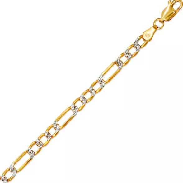 NEW 14K TWO TONE GOLD HOLLOW FIGARO WHITE PAVE BRACELET 4mm: NEW 14K TWO TONE GOLD HOLLOW FIGARO WHITE PAVE BRACELET 4mm 14K Two Tone Gold Approx. 100 Gauge (4mm Wide) High Polished Lobster Lock Available in Yellow Gold Length : 7" Inch Weight: 2.9 Grams