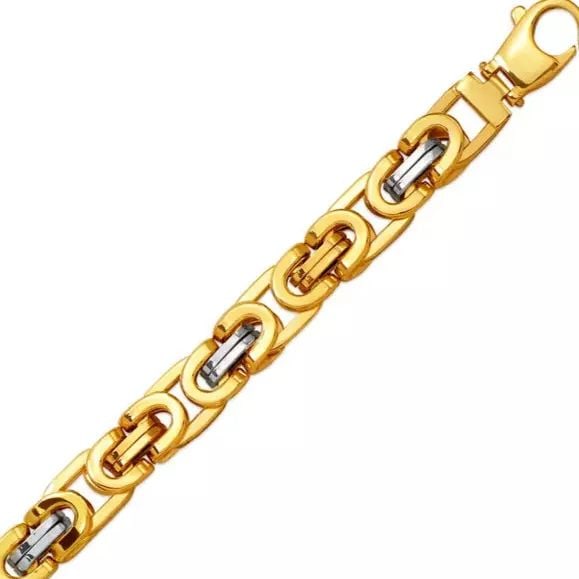 NEW 14K TWO TONE GOLD HOLLOW BYZANTINE BRACELET 10.0mm: NEW 14K TWO TONE GOLD HOLLOW BYZANTINE BRACELET 10.0mm 14K Two Tone Gold Approx. 100 Gauge (10.0mm Wide) High Polished Hollow Lobster Lock Length : 21.7 Weight: 21.7 Grams