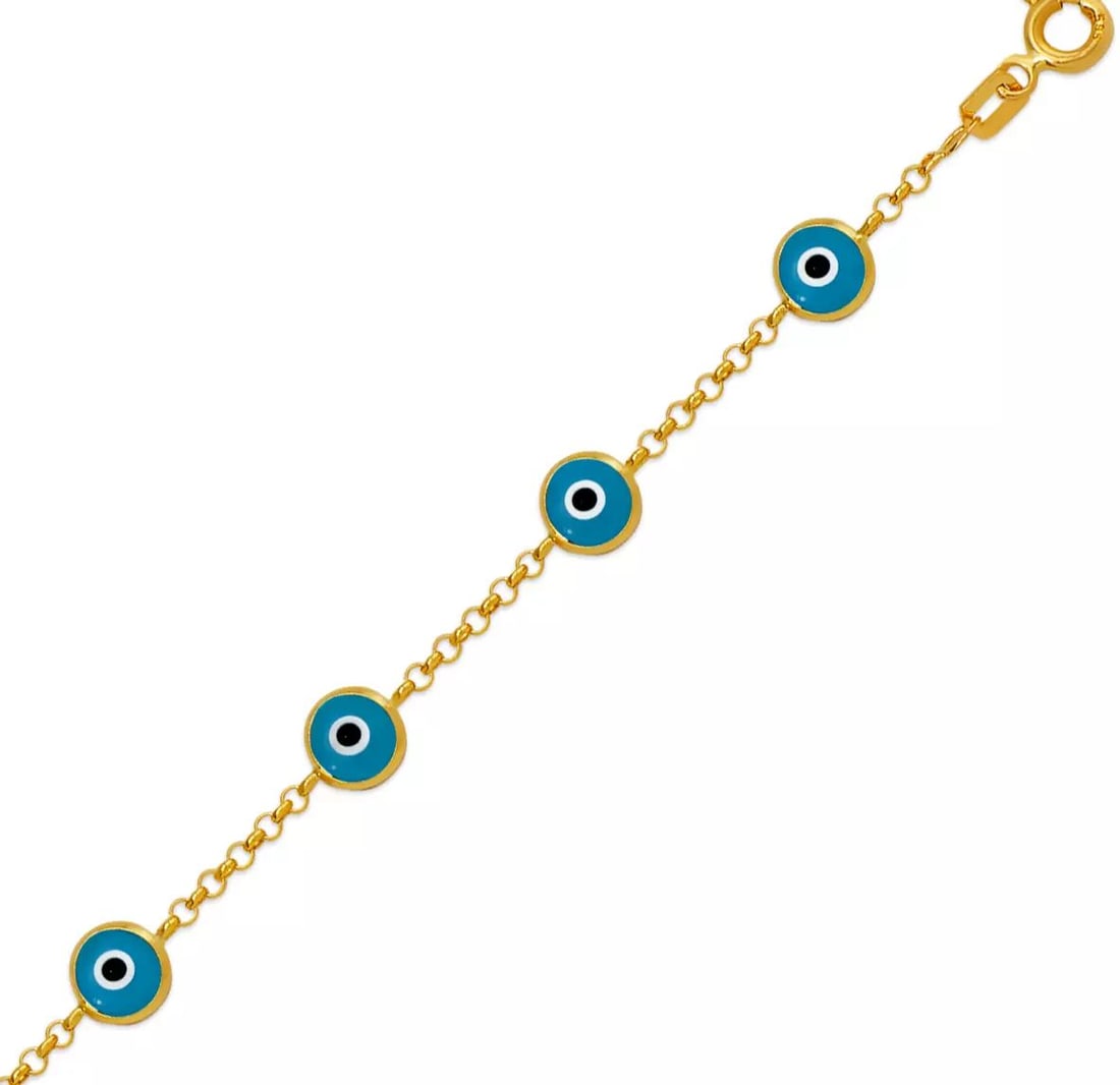 NEW 14K YELLOW GOLD EVIL EYE BRACELET: NEW 14K YELLOW GOLD EVIL EYE BRACELET 14K Yellow Gold Approx. 6.0mm Wide High Polished Enamel Spring Lock Length : 7" Inch Weight: 2.2 Grams