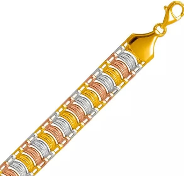 NEW 14K TRICOLOR GYPSY BRACELET 11mm: NEW 14K TRICOLOR GYPSY BRACELET 11mm 14K Tricolor Gold Approx. 11mm Wide High Polished Lobster Lock Length : 7" Inch Weight: 7.8 Grams