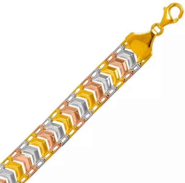 NEW 14K TRICOLOR GYPSY BRACELET: NEW 14K TRICOLOR GYPSY BRACELET 14K Tricolor Gold Approx. 11mm Wide High Polished Lobster Lock Length : 7" Inch Weight: 7.2 Grams