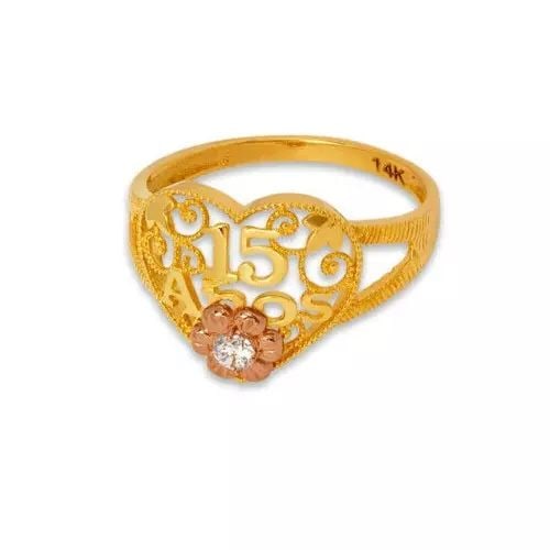 NEW 14K TWO TONE GOLD LADIES FILIGREE 15 ANOS RING: NEW 14K TWO TONE GOLD LADIES FILIGREE 15 ANOS RING 14K Two Tone Gold Size 7 Approx. 13mm Center High Polished/Diamond Cut Cubic Zirconia Weight: 2.3 Grams