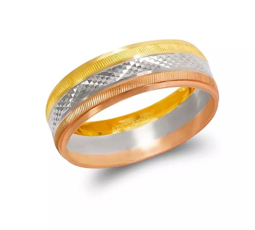 NEW 14K TRI COLOR GOLD 6MM STAMPING WEDDING BAND: NEW 14K TRI COLOR GOLD 6MM STAMPING WEDDING BAND 14K Tricolor Gold Approx. 6mm Wide High Polished/Diamond Cut Apx Weight: 2g -2.2g