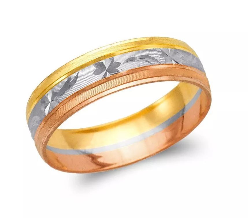 NEW 14K TRI COLOR GOLD 6MM SHOOTING STAR STAMPING WEDDING BAND: NEW 14K TRI COLOR GOLD 6MM SHOOTING STAR STAMPING WEDDING BAND 14K Tricolor Gold Approx. 6mm Wide High Polished/Diamond Cut Apx Weight: 2.0g - 2.3g