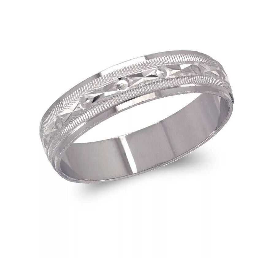 NEW 14K WHITE GOLD 5MM SHOOTING STAR STAMPING WEDDING BAND: NEW 14K WHITE GOLD 5MM SHOOTING STAR STAMPING WEDDING BAND 14K White Gold Approx. 5mm Wide High Polished/Diamond Cut Available in Tricolor Gold Apx Weight: 3.1g - 3.3g