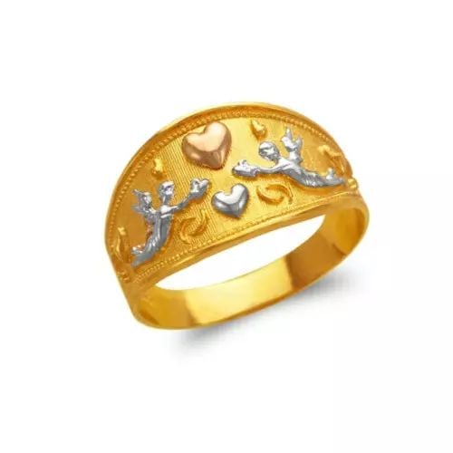 NEW 14K TRI COLOR GOLD LADIES HEART AND CUPIDS FILIGREE RING: NEW 14K TRI COLOR GOLD LADIES HEART AND CUPIDS FILIGREE RING 14K Tricolor Gold Size 7 Approx. 12mm High Polished/Diamond Cut Weight: 2.8 Grams