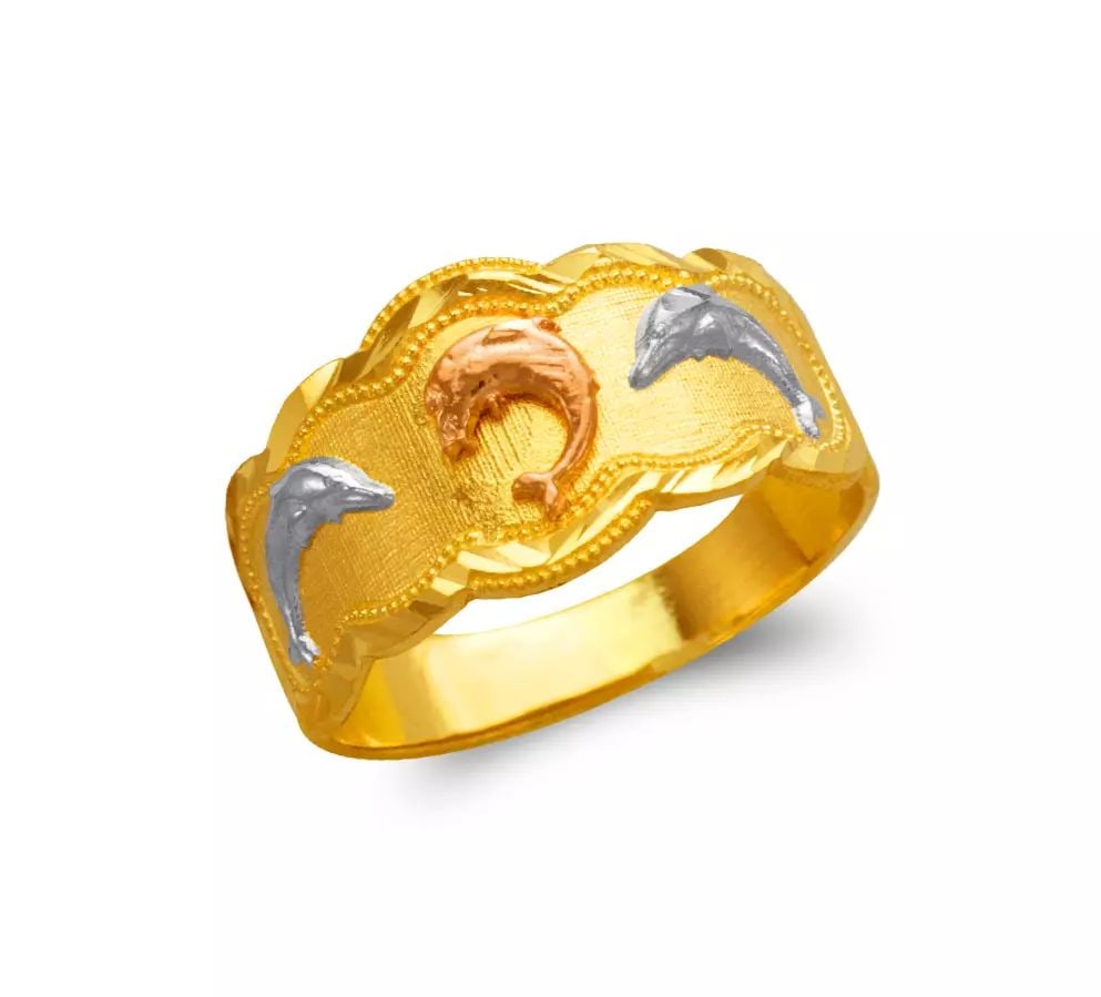 NEW 14K TRI COLOR GOLD LADIES DOLPHIN FILIGREE RING: NEW 14K TRI COLOR GOLD LADIES DOLPHIN FILIGREE RING 14K Tricolor Gold Size 7 Approx. 11mm High Polished/Diamond Cut Weight: 2.8 Grams