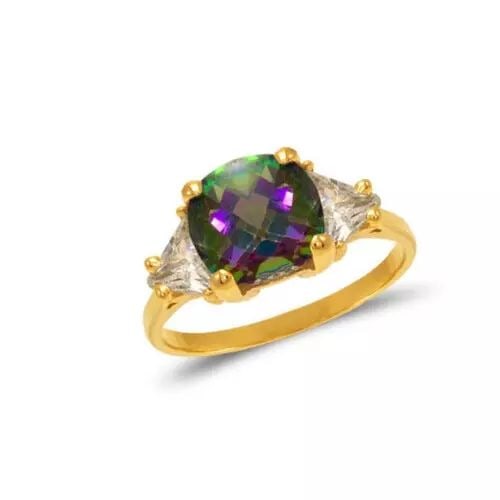 NEW 14K YELLOW GOLD LADIES MYSTIC CZ RING: NEW 14K YELLOW GOLD LADIES MYSTIC CZ RING 14K Yellow Gold Size 7 Approx. 8mm Stone, 8mm Center High Polished/Diamond Cut/Cubic Zirconia Weight: 3.3 Grams