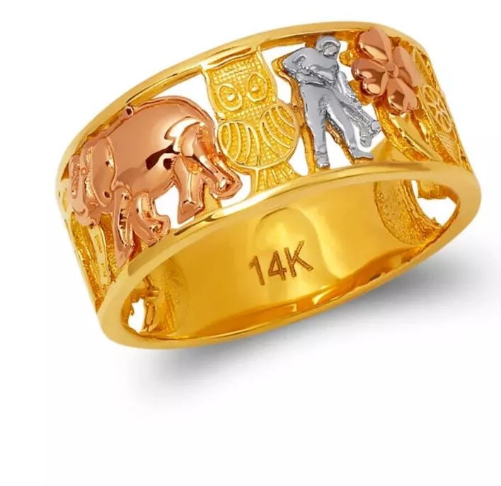 NEW 14K TRI COLOR GOLD LADIES GOODLUCK FILIGREE RING: NEW 14K TRI COLOR GOLD LADIES GOODLUCK FILIGREE RING 14K Tricolor Gold Size 7 Approx. 8mm High Polished Weight: 2.9 Grams
