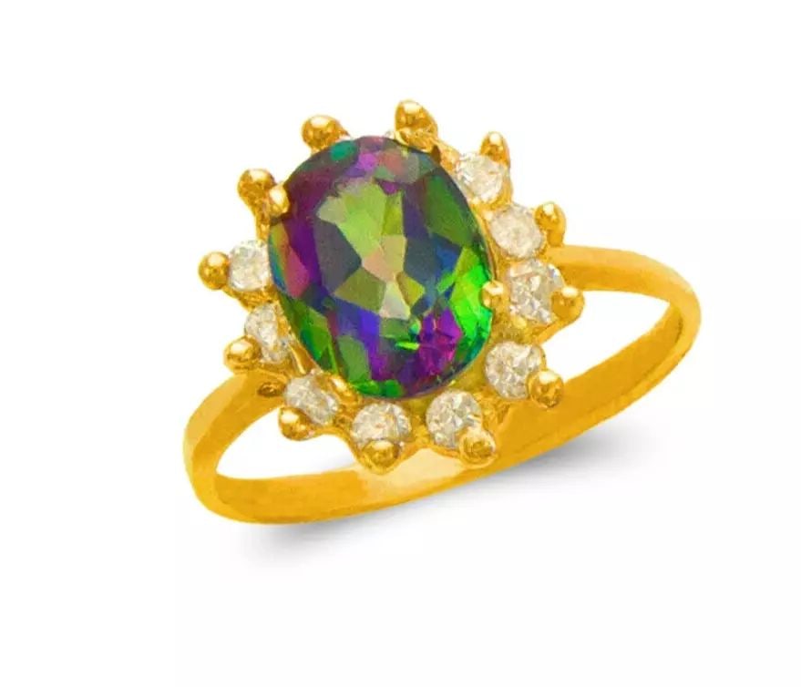 NEW 14K YELLOW GOLD LADIES MYSTIC CZ RING: NEW 14K YELLOW GOLD LADIES MYSTIC CZ RING 14K Yellow Gold Size 7 Approx.9mm Stone, 9mm Center High Polished/Diamond Cut/Cubic Zirconia Weight: 3.5 Grams