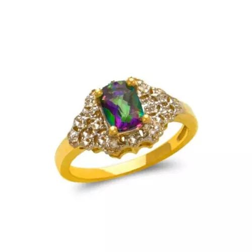 NEW 14K TWO TONE GOLD LADIES MYSTIC CZ RING: NEW 14K TWO TONE GOLD LADIES MYSTIC CZ RING 14K Two Tone Gold Size 7 Approx. 7mm Stone, 10mm Center High Polished/Diamond Cut/Cubic Zirconia Weight: 3.3 Grams