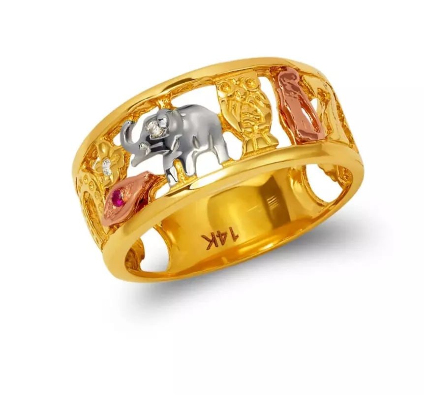 NEW 14K TRI COLOR GOLD LADIES GOODLUCK FILIGREE RING: NEW 14K TRI COLOR GOLD LADIES GOODLUCK FILIGREE RING 14K Tricolor Gold Approx. 10mm High Polished Size Varies- Please contact Customer Service for details Weight: 4.7 Grams