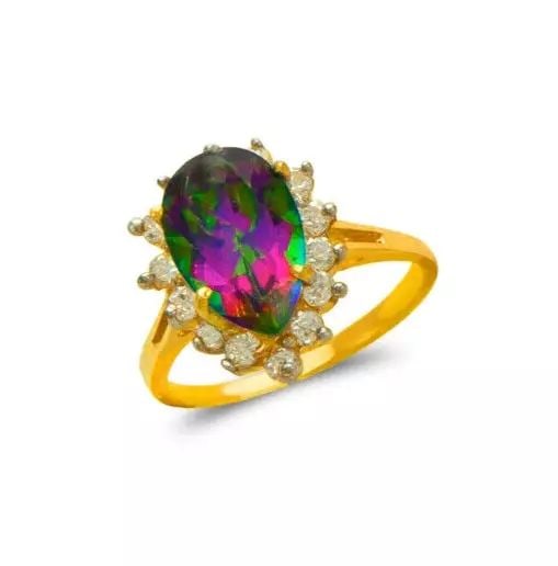 NEW 14K TWO TONE GOLD LADIES MYSTIC CZ RING: NEW 14K TWO TONE GOLD LADIES MYSTIC CZ RING 14K Two Tone Gold Size 7 Approx. 11mm Stone, 15mm Center High Polished/Diamond Cut/Cubic Zirconia Weight: 4.5 Grams